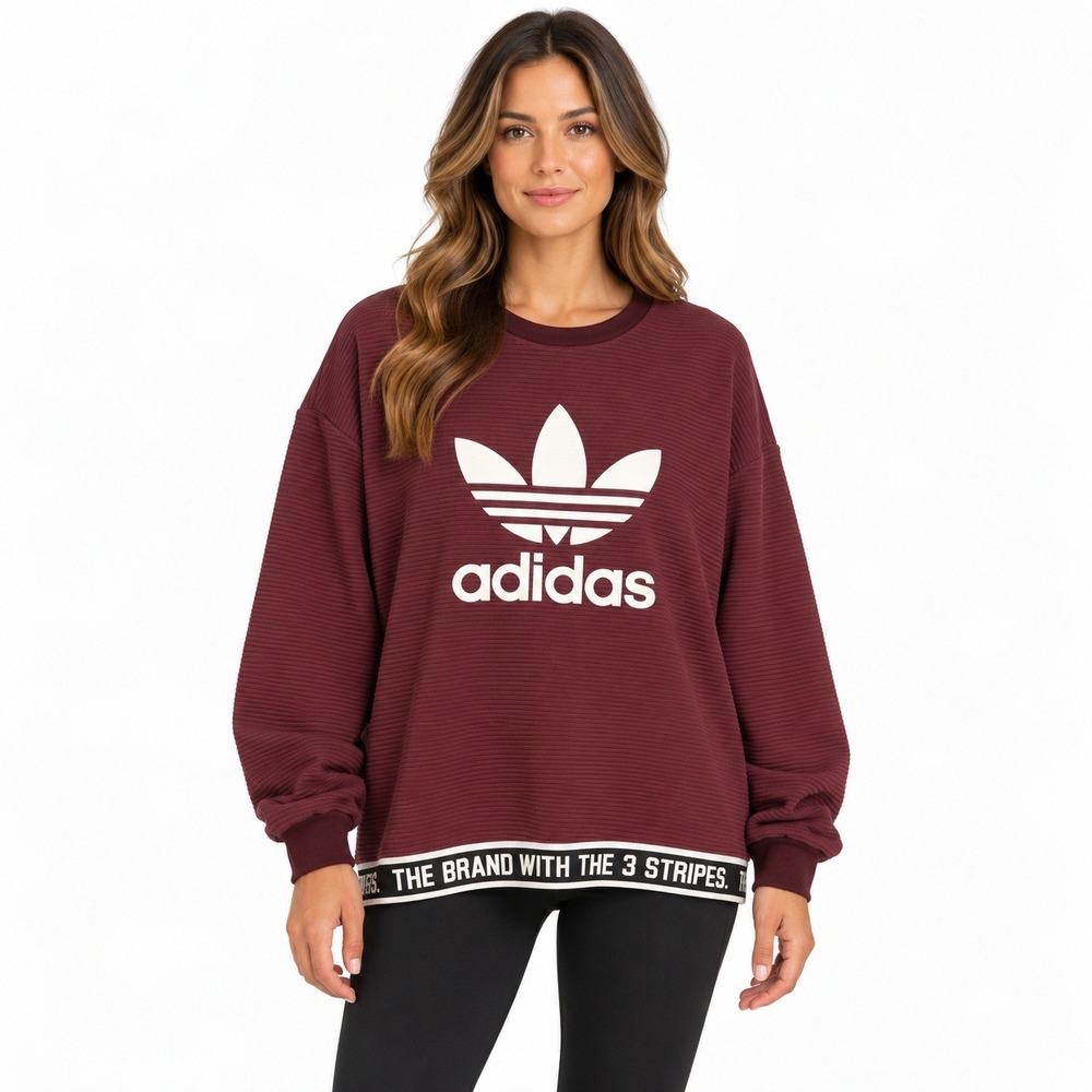 Adidas Originals Trefoil Ribbed Sweatshirt Burgundy Maroon Large The 3 Stripes